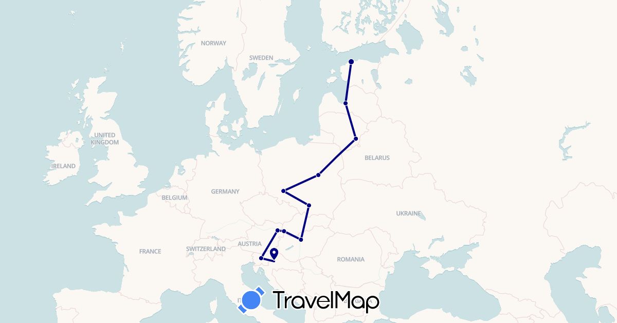 TravelMap itinerary: driving in Austria, Estonia, Croatia, Hungary, Lithuania, Latvia, Poland, Slovenia, Slovakia (Europe)